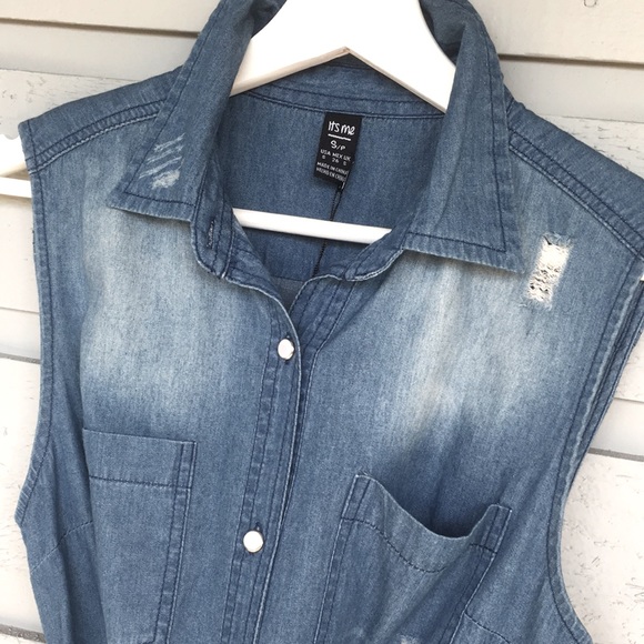 NWT CLASSIC CHAMBRAY DISTRESSED DENIM SLEEVELESS DRESS W/MOTHER OF PEARL BUTTONS - Picture 4 of 8